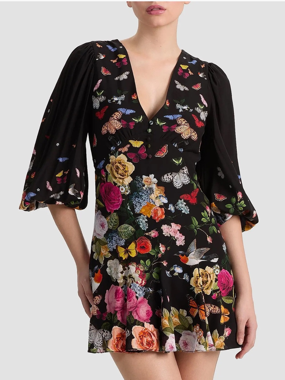 Alice + Olivia Floral & Butterfly V-Neck Mini Dress Size 4 NWT Retail $495